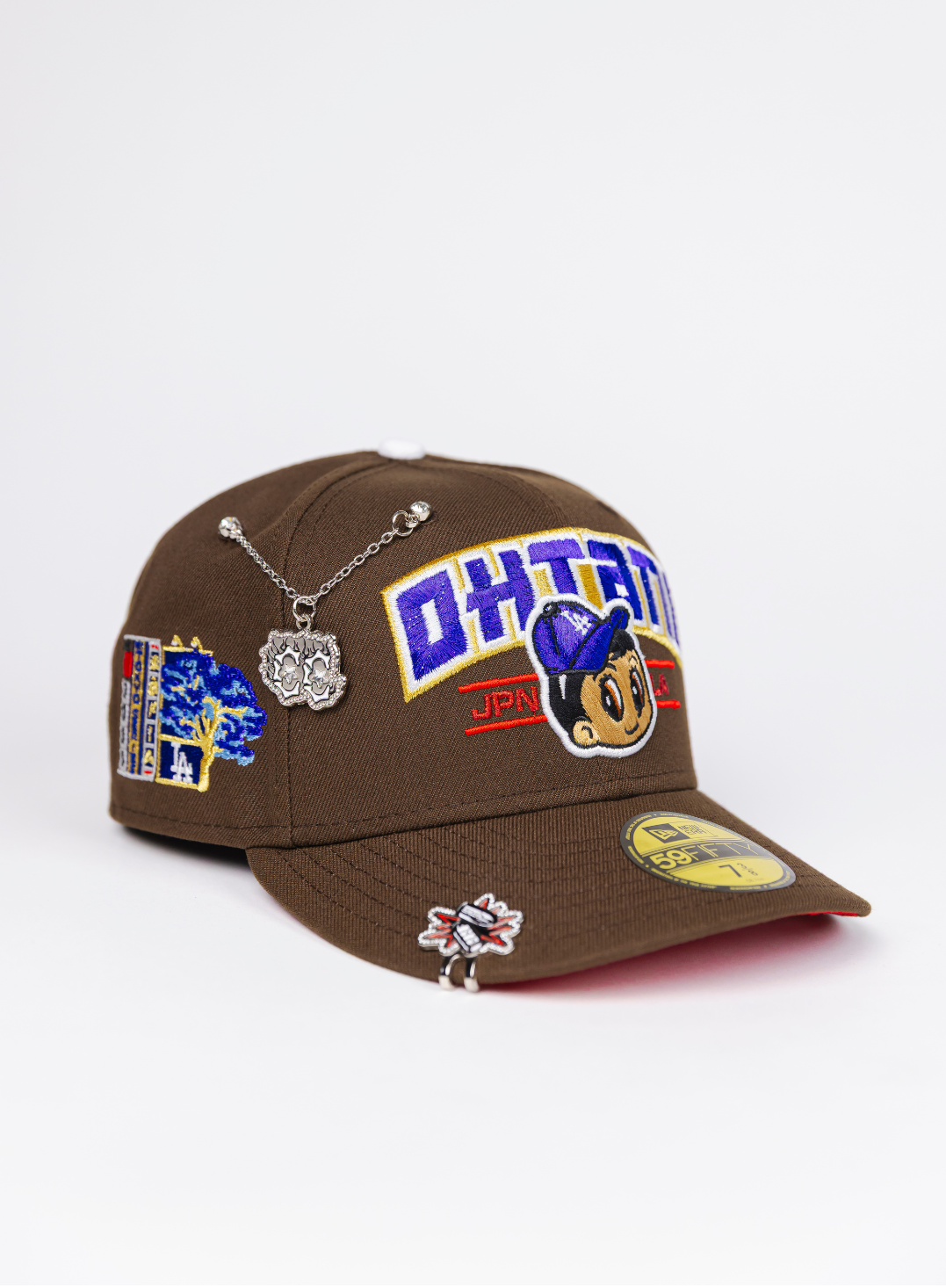 NEW ERA EXCLUSIVE 59FIFTY BROWN LOS ANGELES DODGERS W/ SHOHEI OHTANI SCRIPT + JAPANESE BLUE BLOSSOM SIDE PATCH