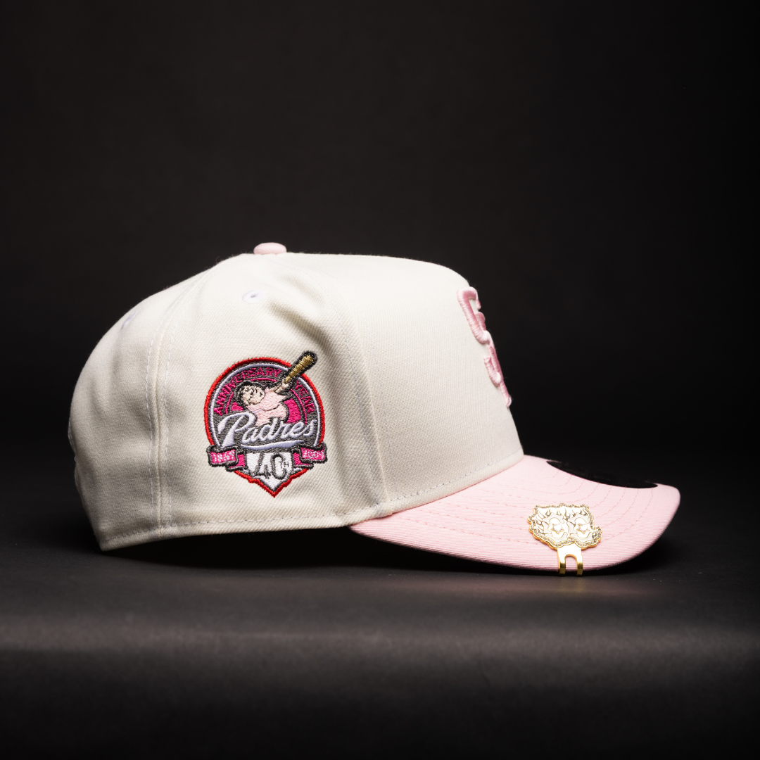 NEW ERA 9FIFTY A-FRAME CHROME/PINK SAN DIEGO PADRES W/ ROSES + 40TH ANNIVERSARY SIDE PATCH