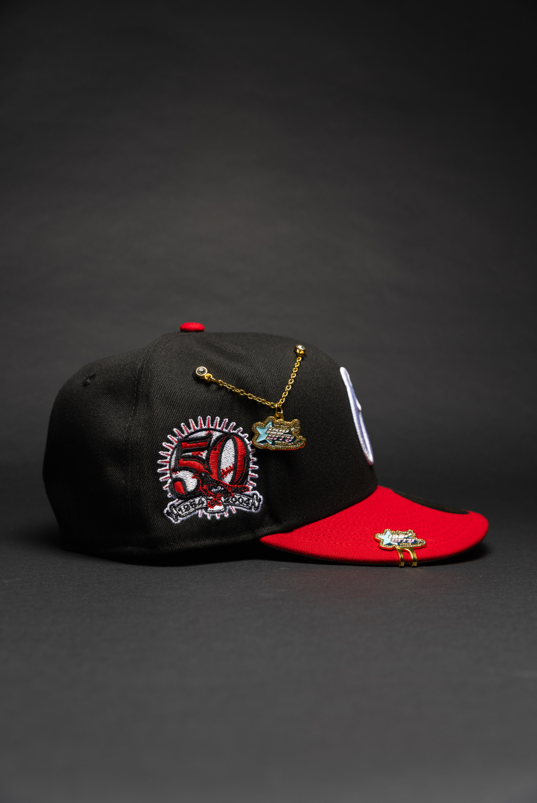 NEW ERA EXCLUSIVE 59FIFTY BLACK/RED BALTIMORE ORIOLES W/ 50TH ANNIVERSARY SIDE PATCH