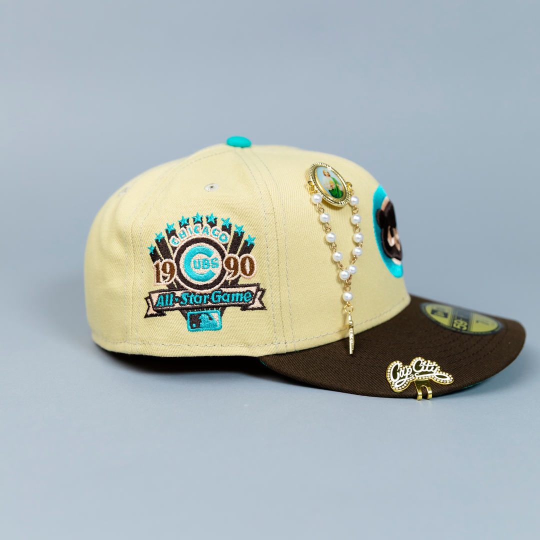 NEW ERA EXCLUSIVE 59FIFTY VEGAS GOLD/ BROWN CHICAGO CUBS W/ 1990 ALL STAR GAME SIDE PATCH