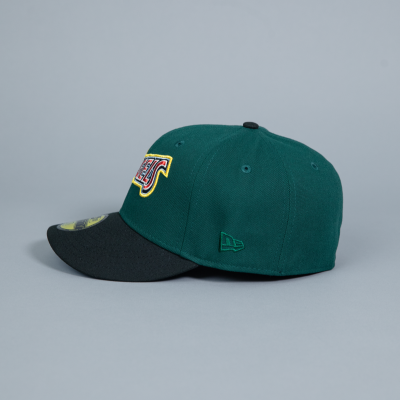 NEW ERA 59FIFTY EMERALD GREEN/ BLACK ANAHEIM ANGELS SCRIPT W/ 50TH ANNIVERSARY SIDE PATCH