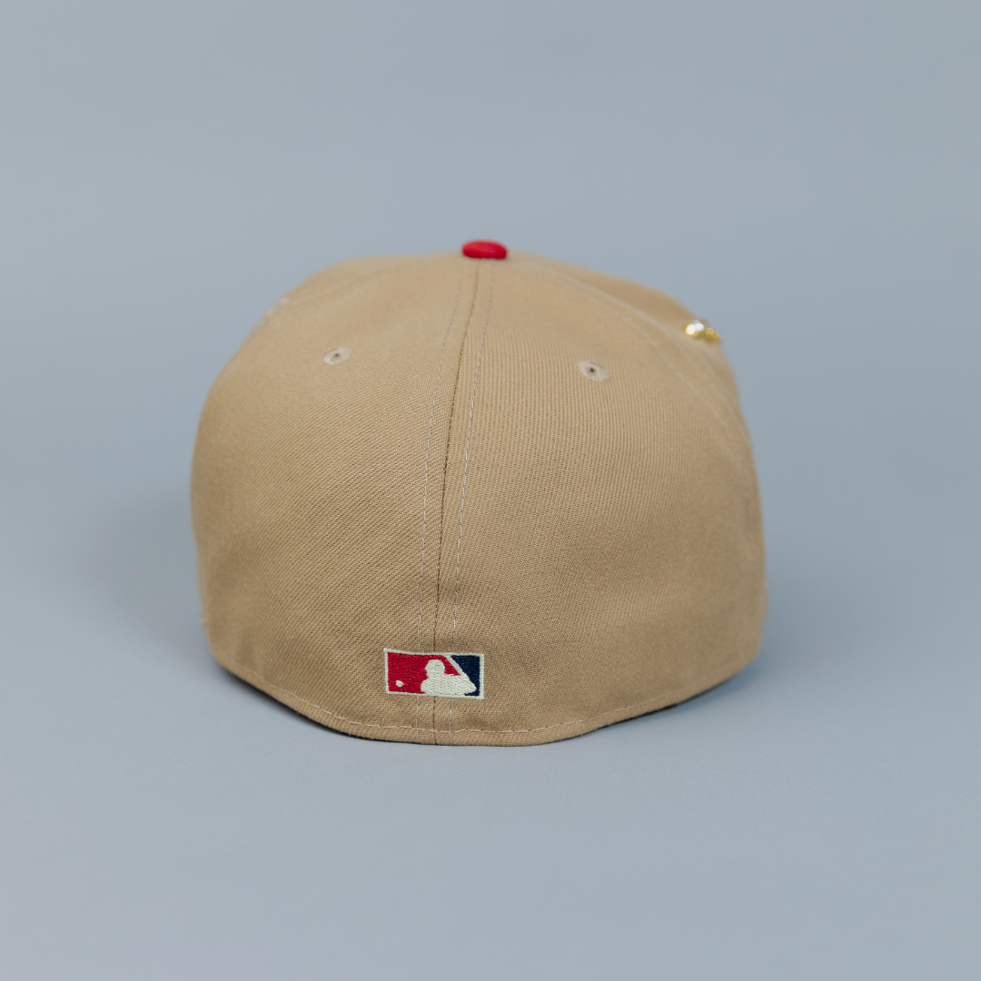 NEW ERA EXCLUSIVE 59FIFTY KHAKI/ YELLOW LOS ANGELES DODGERS SCRIPT W/ 1999 ALL STAR GAME SIDE PATCH