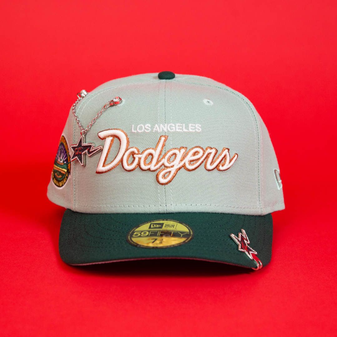 NEW ERA EXCLUSIVE 59FIFTY MINT/ FOREST GREEN LOS ANGELES DODGERS SCRIPT W/ 50TH ANNIVERSARY SIDE PATCH