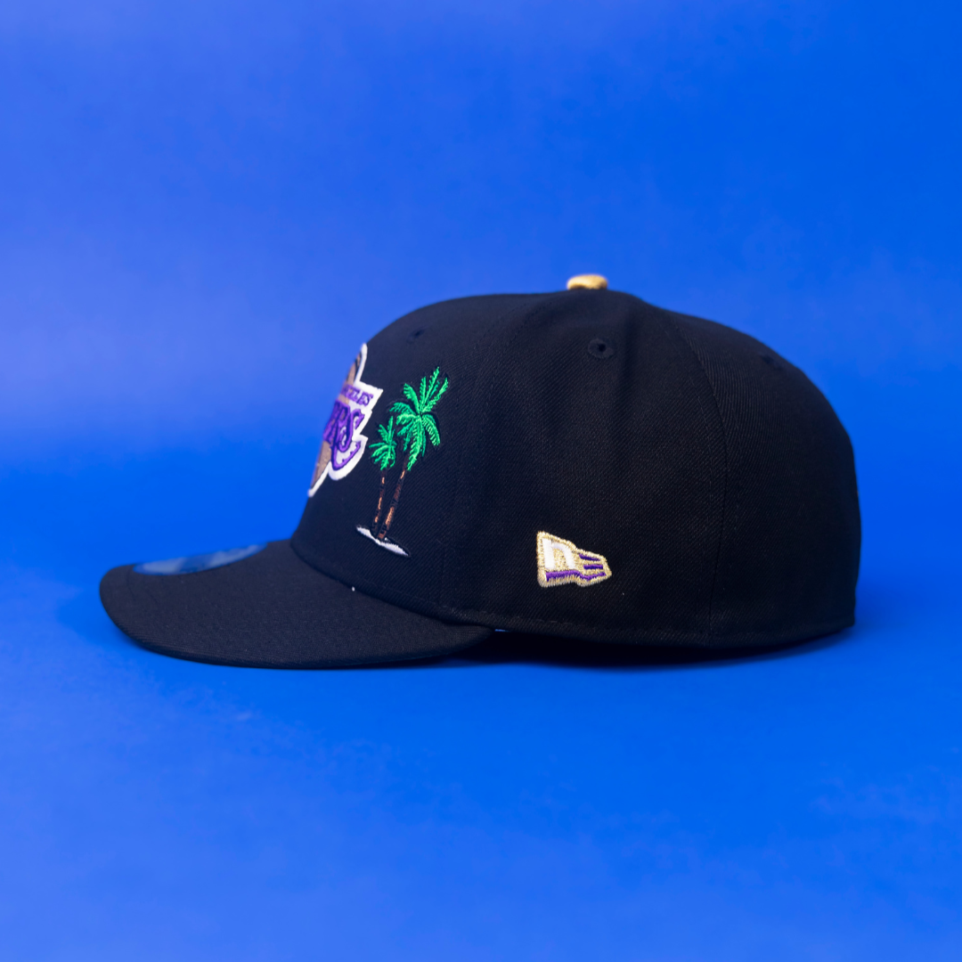 NEW ERA EXCLUSIVE 59FIFTY BLACK LOS ANGELES LAKERS W/ PALM TREES + 17X CHAMPIONS SIDE PATCH