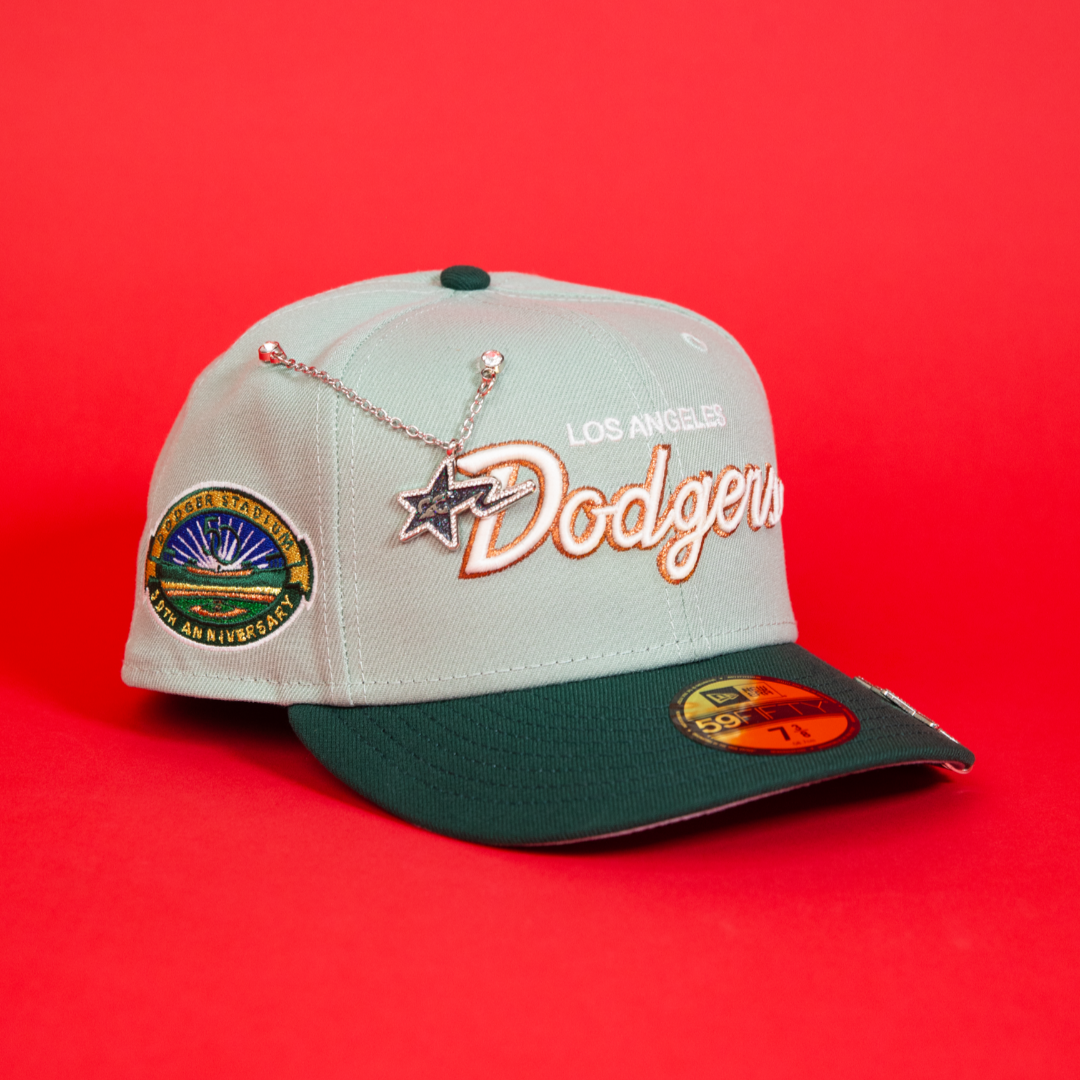 NEW ERA EXCLUSIVE 59FIFTY MINT/ FOREST GREEN LOS ANGELES DODGERS SCRIPT W/ 50TH ANNIVERSARY SIDE PATCH