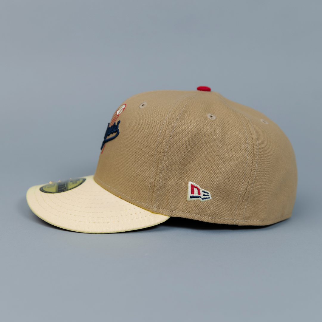 NEW ERA EXCLUSIVE 59FIFTY KHAKI/ YELLOW LOS ANGELES DODGERS SCRIPT W/ 1999 ALL STAR GAME SIDE PATCH