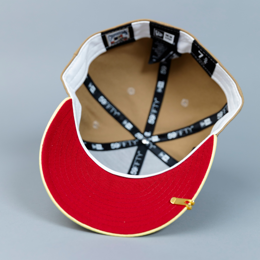 NEW ERA EXCLUSIVE 59FIFTY KHAKI/ YELLOW LOS ANGELES DODGERS SCRIPT W/ 1999 ALL STAR GAME SIDE PATCH