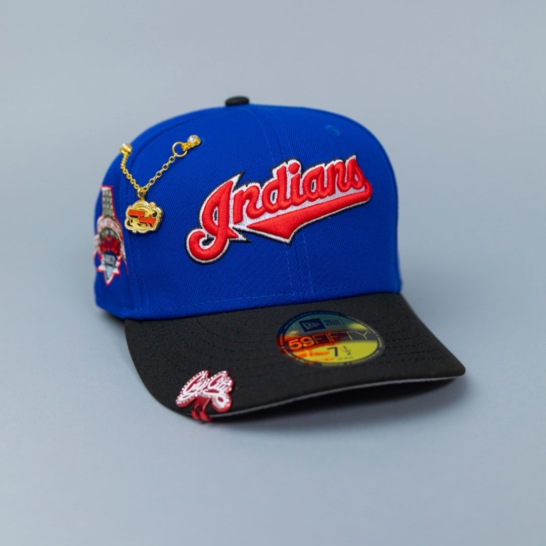 NEW ERA EXCLUSIVE 59FIFTY BLUE/ BLACK CLEVELAND INDIANS SCRIPT W/ "JACOBS FIELD" SIDE PATCH