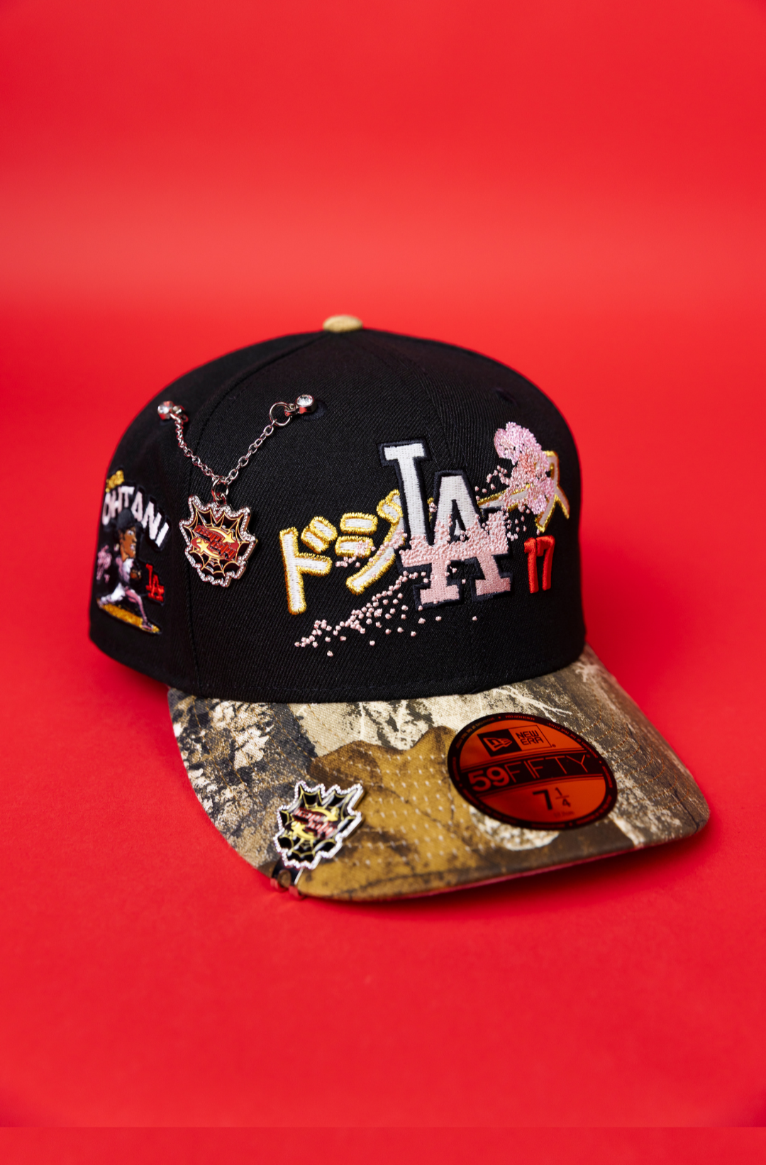 NEW ERA EXCLUSIVE 59FIFTY BLACK/ REALTREE LOS ANGELES DODGERS W/ JAPANESE PINK BLOSSOM + 'SHOHEI OHTANI" SIDE PATCH