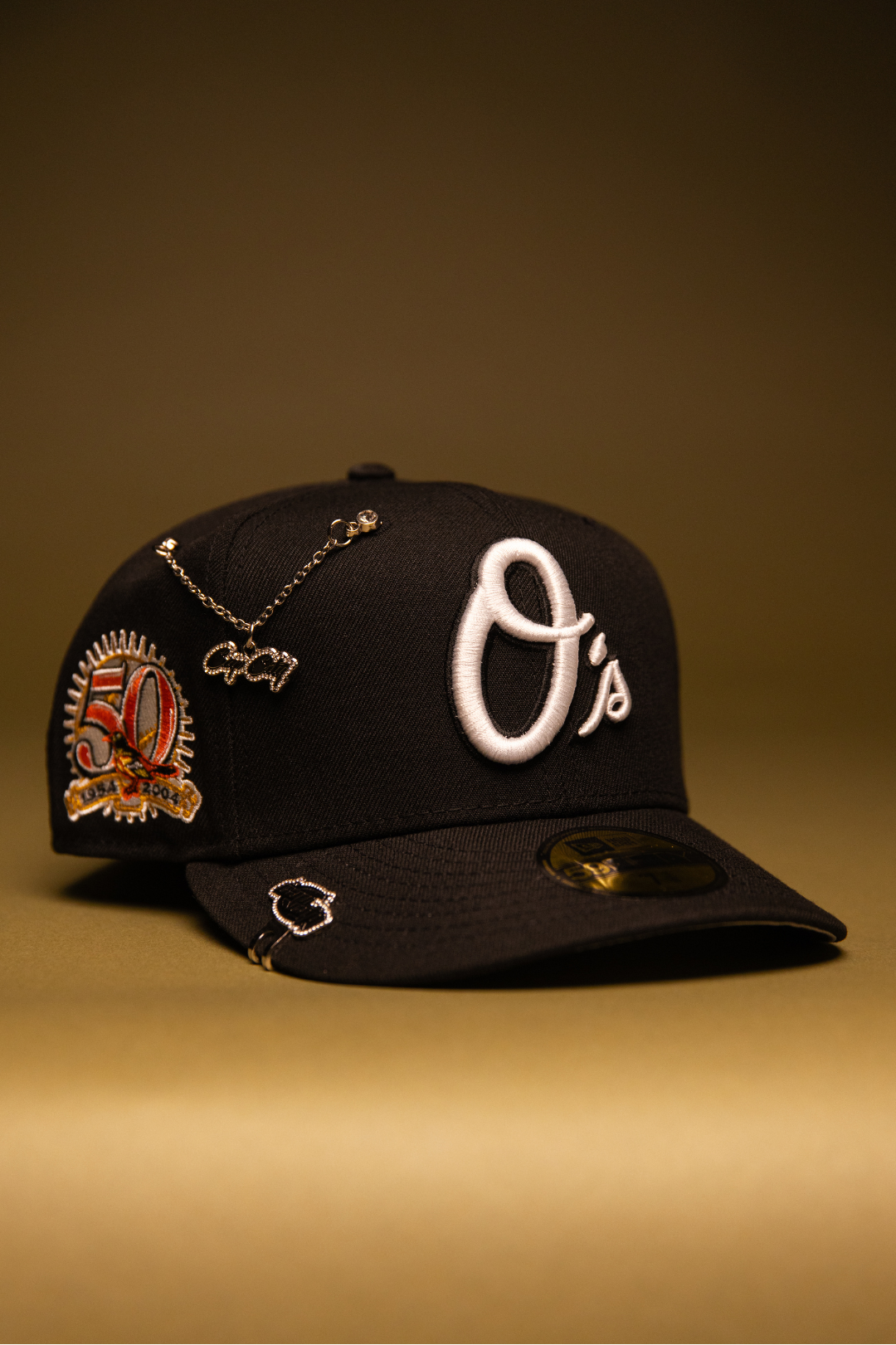NEW ERA EXCLUSIVE 59FIFTY BLACK BALTIMORE ORIOLES W/ 50TH ANNIVERSARY SIDE PATCH