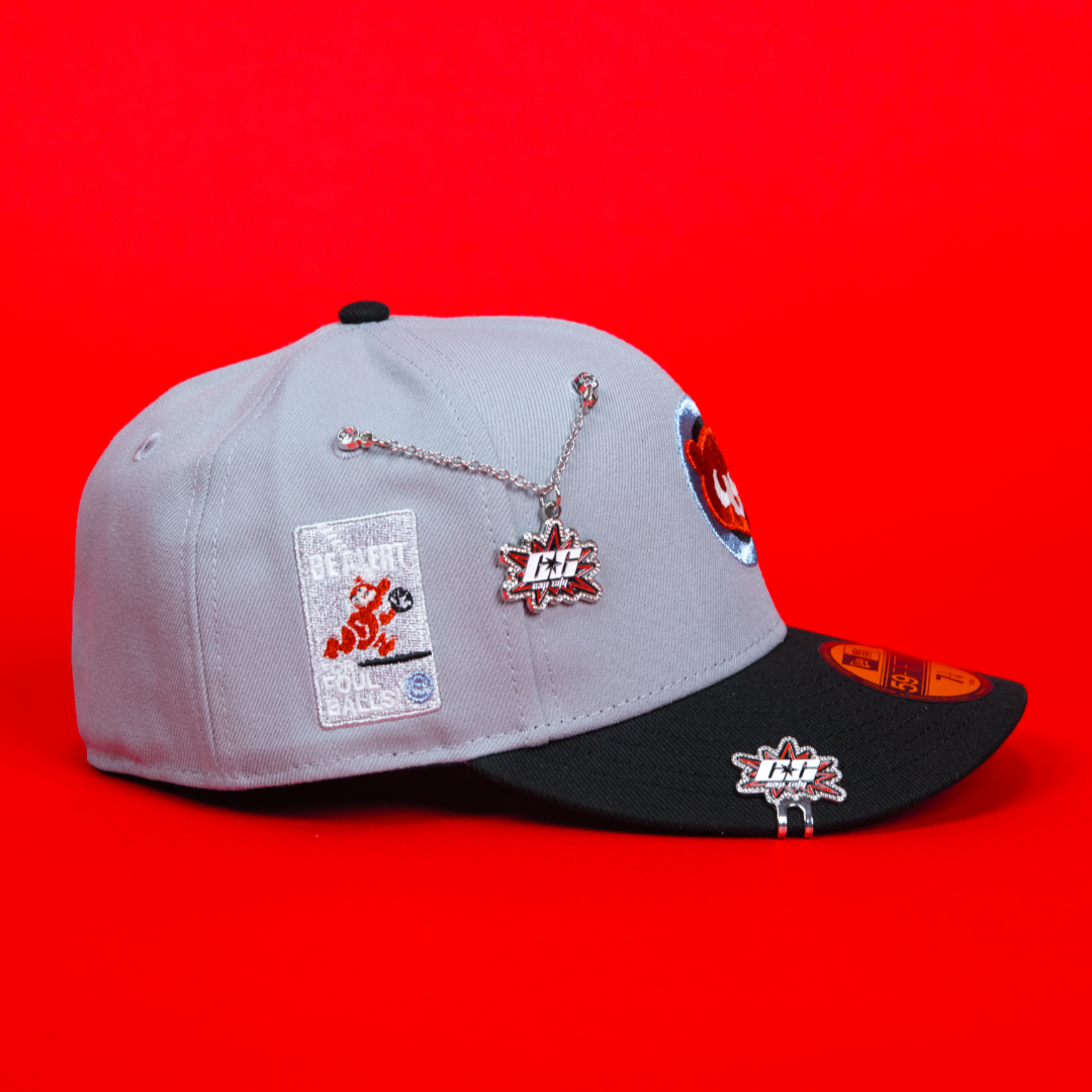 NEW ERA EXCLUSIVE 59FIFTY GREY/ BLACK CHICAGO CUBS W/ "BE ALERT FOR FOUL BALLS" SIDE PATCH