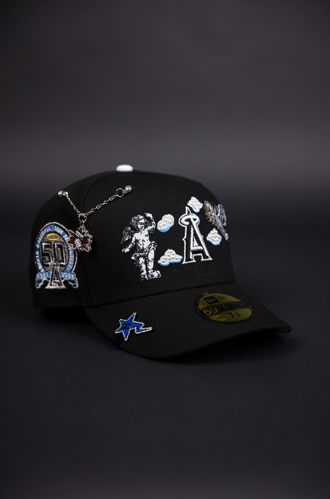 NEW ERA EXCLUSIVE 59FIFTY BLACK ANAHEIM ANGELS "HEAVENLY CITY" W/ 50TH ANNIVERSARY SIDE PATCH