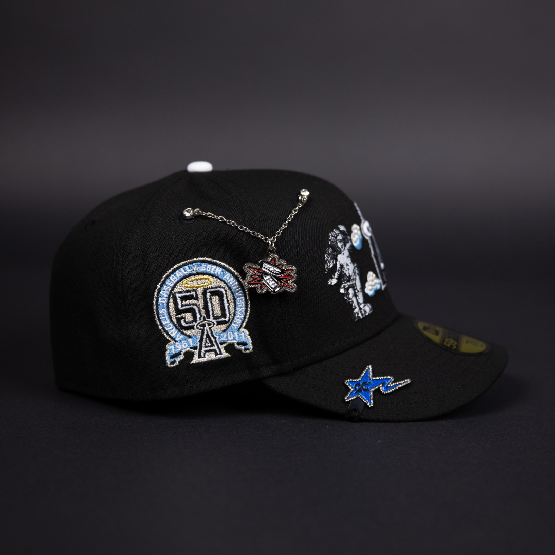 NEW ERA EXCLUSIVE 59FIFTY BLACK ANAHEIM ANGELS "HEAVENLY CITY" W/ 50TH ANNIVERSARY SIDE PATCH