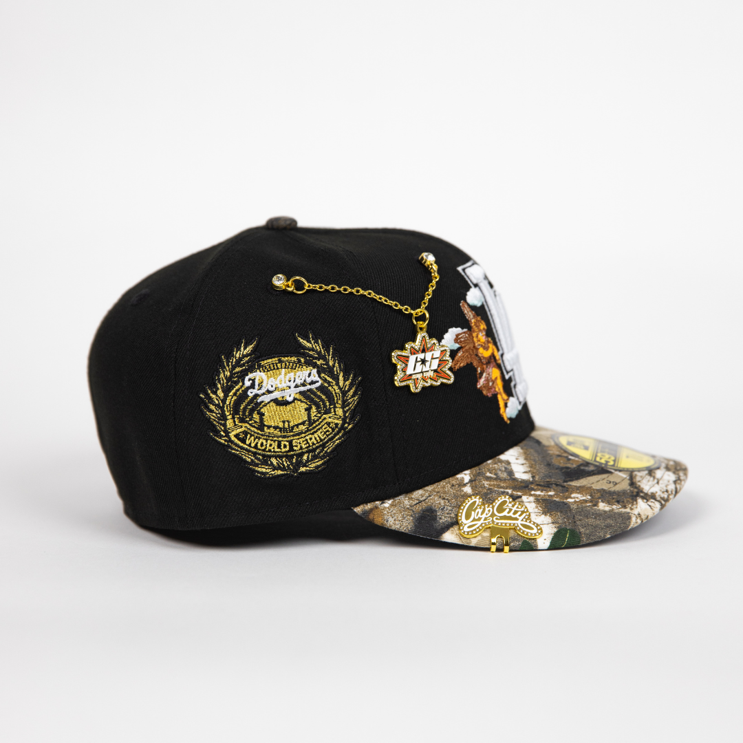 NEW ERA EXCLUSIVE 59FIFTY BLACK/ REALTREE LOS ANGELES DODGERS "CITY OF ANGELS" W/ WORLD SERIES SIDE PATCH