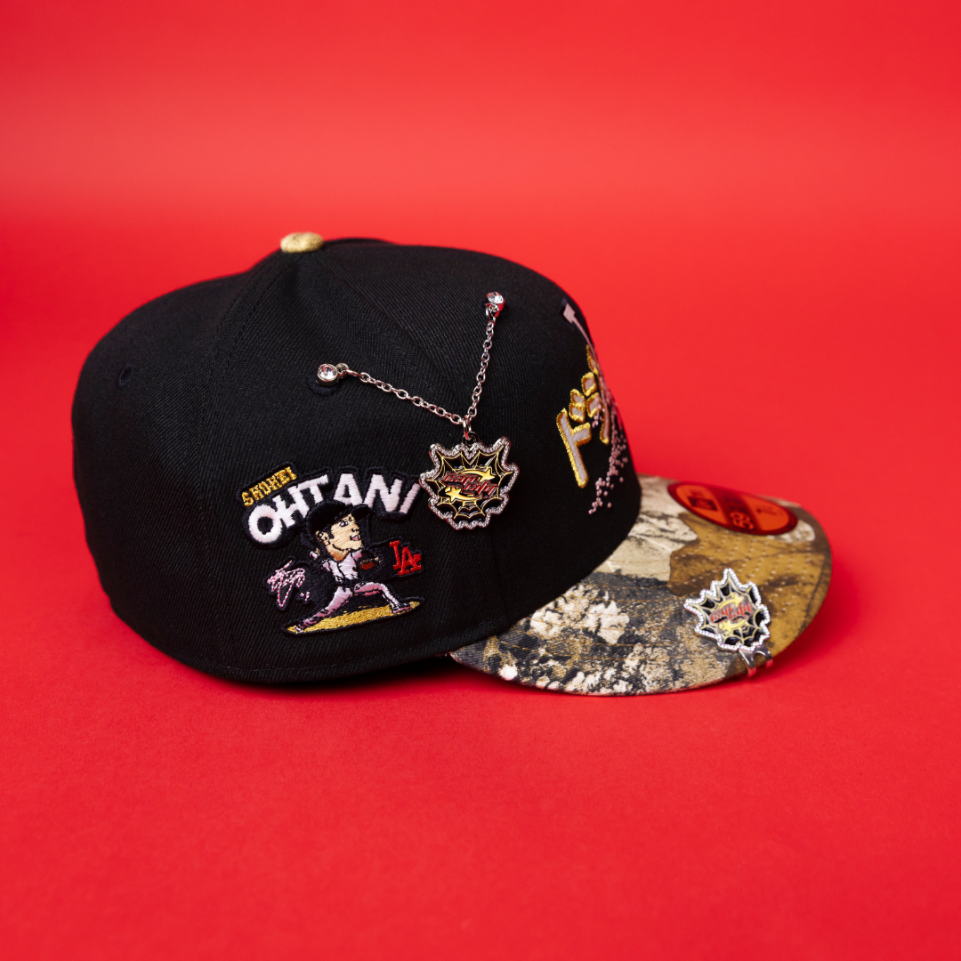 NEW ERA EXCLUSIVE 59FIFTY BLACK/ REALTREE LOS ANGELES DODGERS W/ JAPANESE PINK BLOSSOM + 'SHOHEI OHTANI" SIDE PATCH