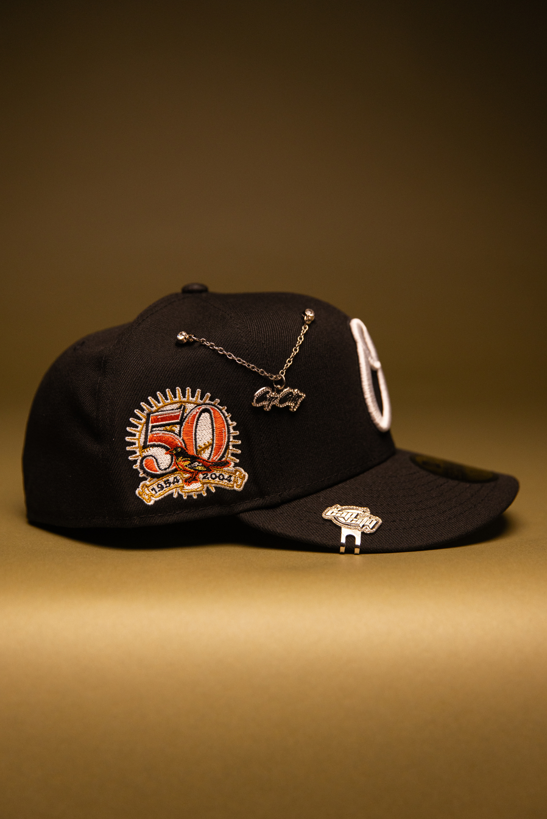NEW ERA EXCLUSIVE 59FIFTY BLACK BALTIMORE ORIOLES W/ 50TH ANNIVERSARY SIDE PATCH