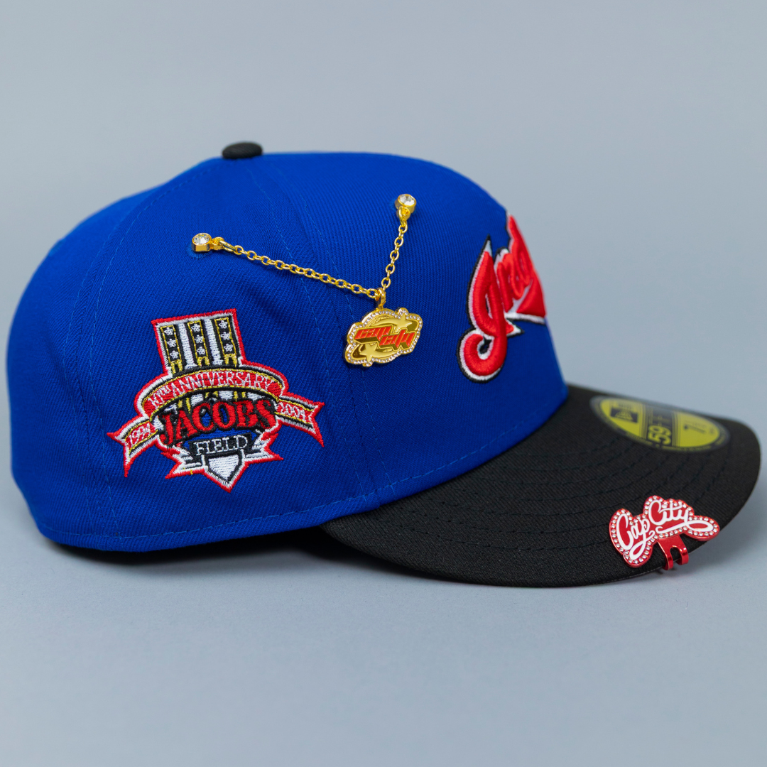 NEW ERA EXCLUSIVE 59FIFTY BLUE/ BLACK CLEVELAND INDIANS SCRIPT W/ "JACOBS FIELD" SIDE PATCH
