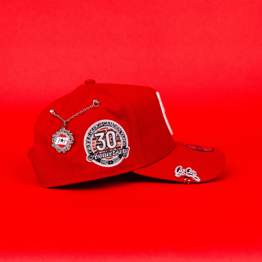 NEW ERA 9FIFTY A-FRAME RED BALIMORE ORIOLES SNAPBACK W/ 30TH ANNIVERSARY SIDE PATCH