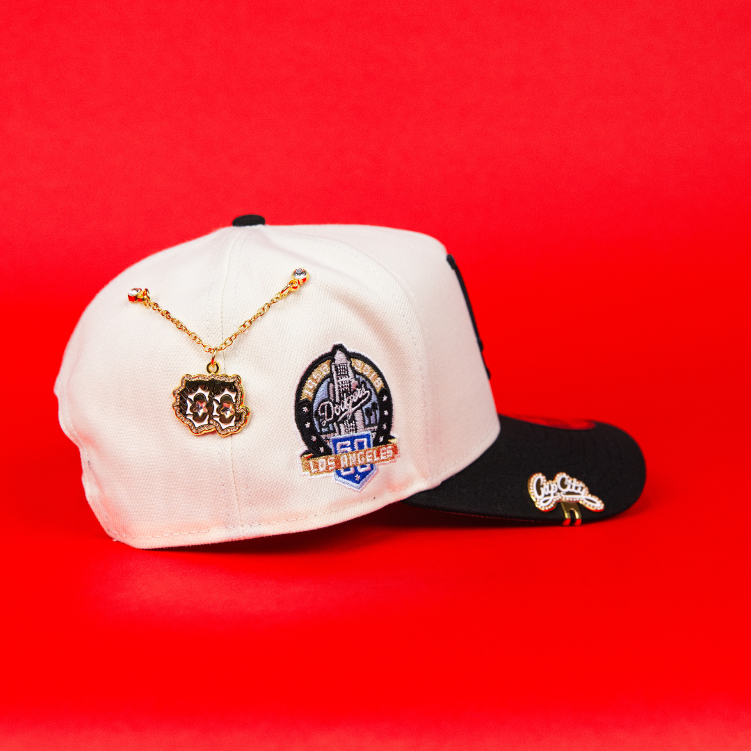 NEW ERA 9FIFTY A-FRAME CHROME/ BLACK LOS ANGELES DODGERS SNAPBACK W/ HEART + 60TH ANNIVERSARY SIDE PATCH
