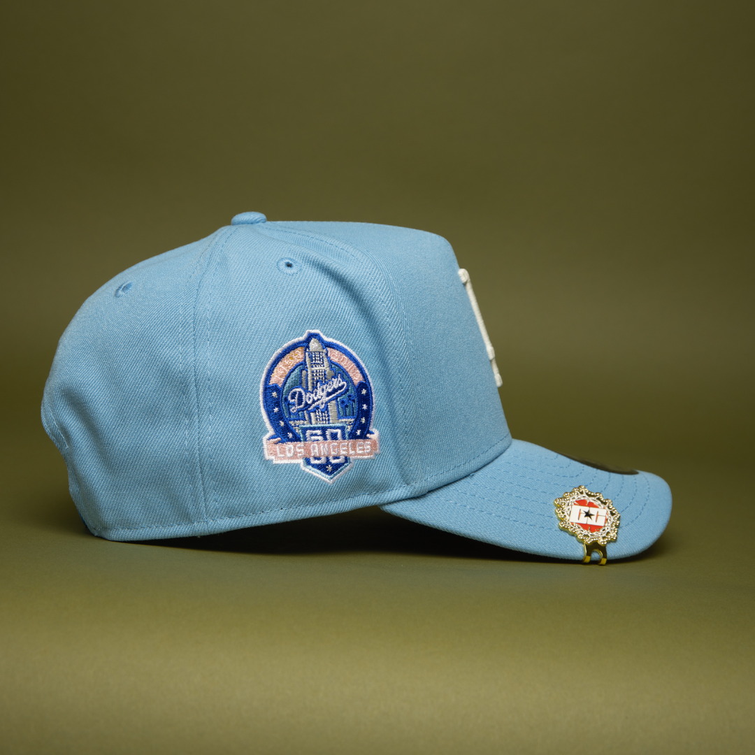 NEW ERA 9FIFTY A-FRAME ICY BLUE LOS ANGELES DODGERS SNAPBACK W/ PINK HEART + 60TH ANNIVERSARY SIDE PATCH