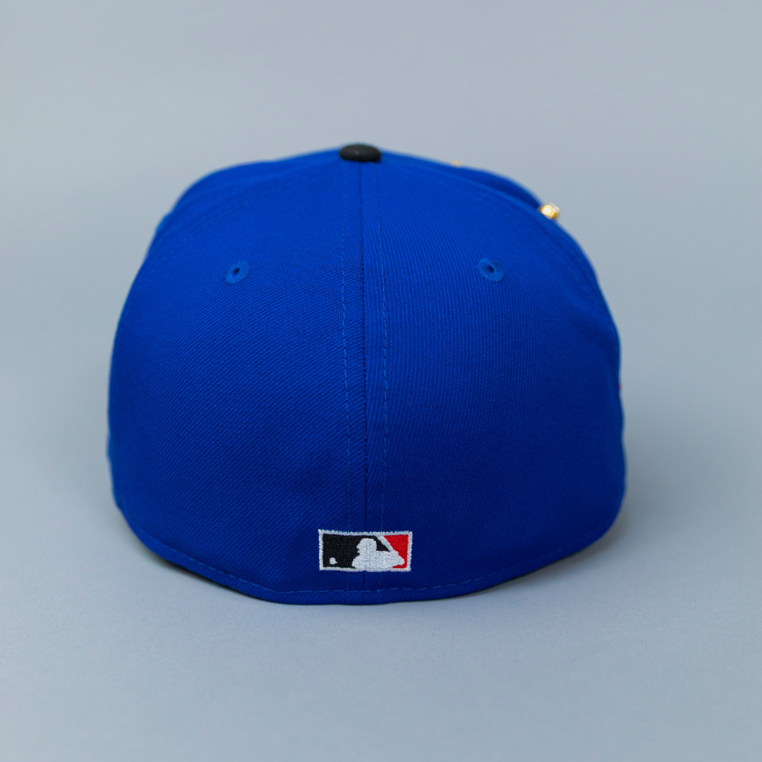 NEW ERA EXCLUSIVE 59FIFTY BLUE/ BLACK CLEVELAND INDIANS SCRIPT W/ "JACOBS FIELD" SIDE PATCH