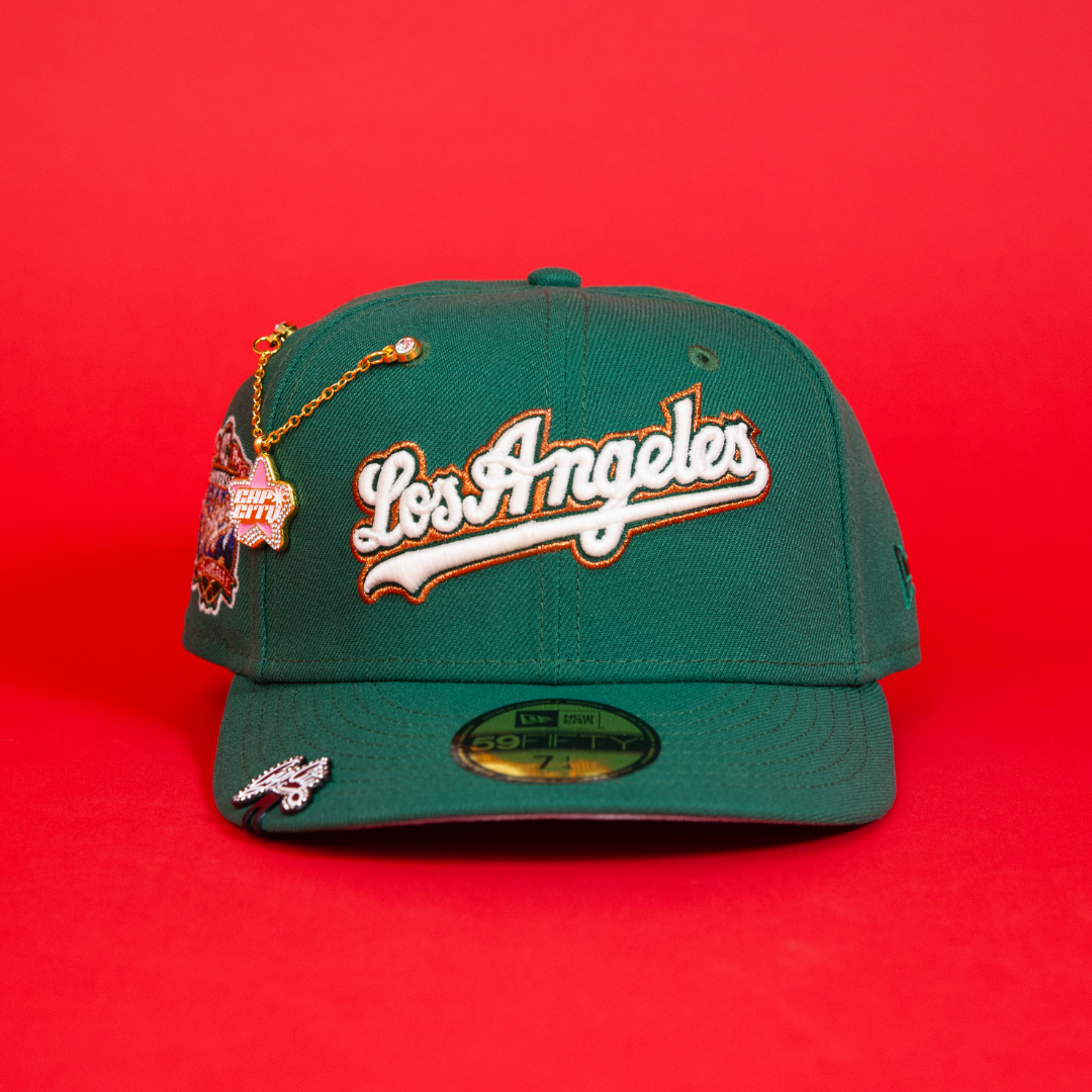 NEW ERA EXCLUSIVE 59FIFTY PINE GREEN LOS ANGELES DODGERS SCRIPT W/ 40TH ANNIVERSARY SIDE PATCH