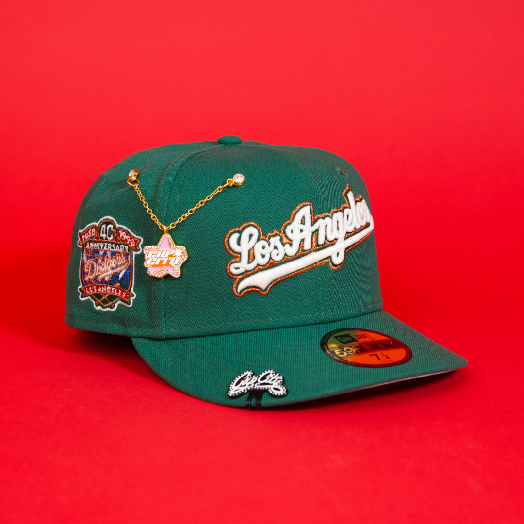 NEW ERA EXCLUSIVE 59FIFTY PINE GREEN LOS ANGELES DODGERS SCRIPT W/ 40TH ANNIVERSARY SIDE PATCH