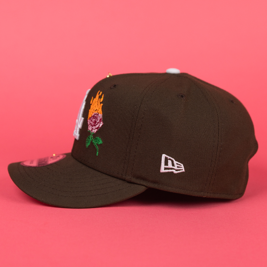 NEW ERA EXCLUSIVE 9FIFTY BROWN LOS ANGELES DODGERS SNAPBACK W/ PINK ROSES + WORLD SERIES SIDE PATCH