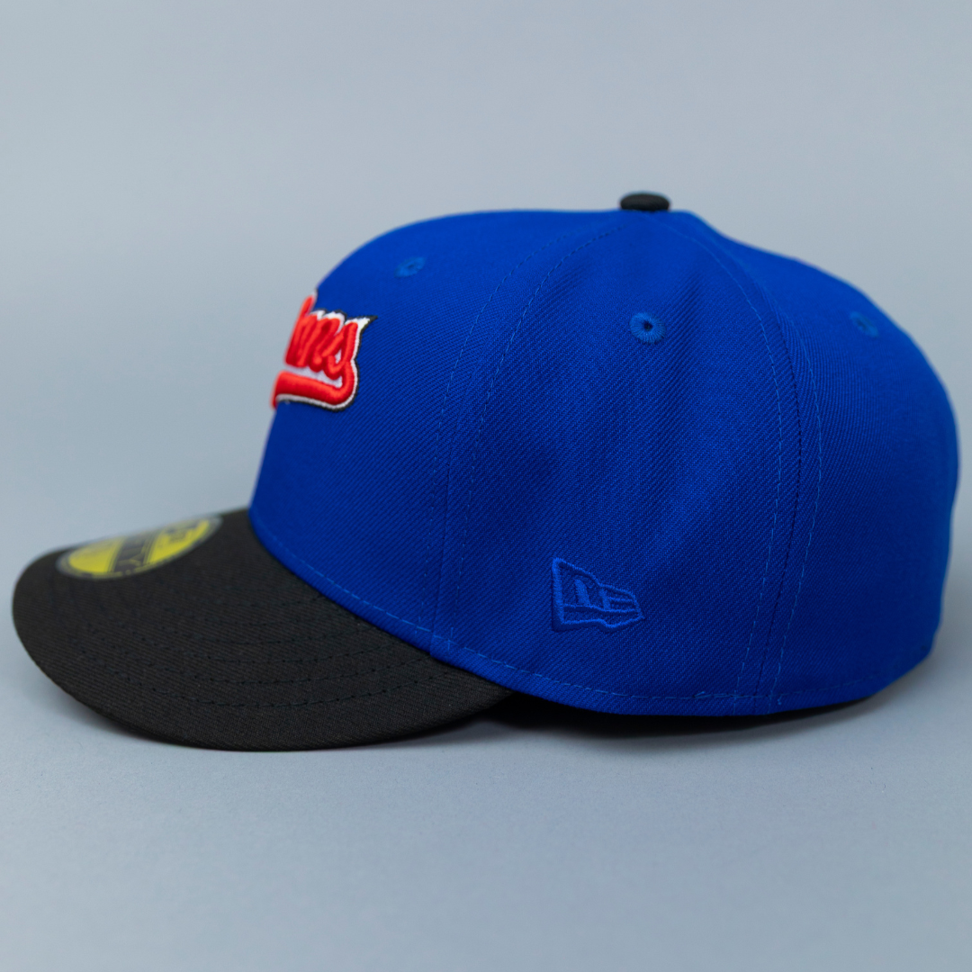 NEW ERA EXCLUSIVE 59FIFTY BLUE/ BLACK CLEVELAND INDIANS SCRIPT W/ "JACOBS FIELD" SIDE PATCH