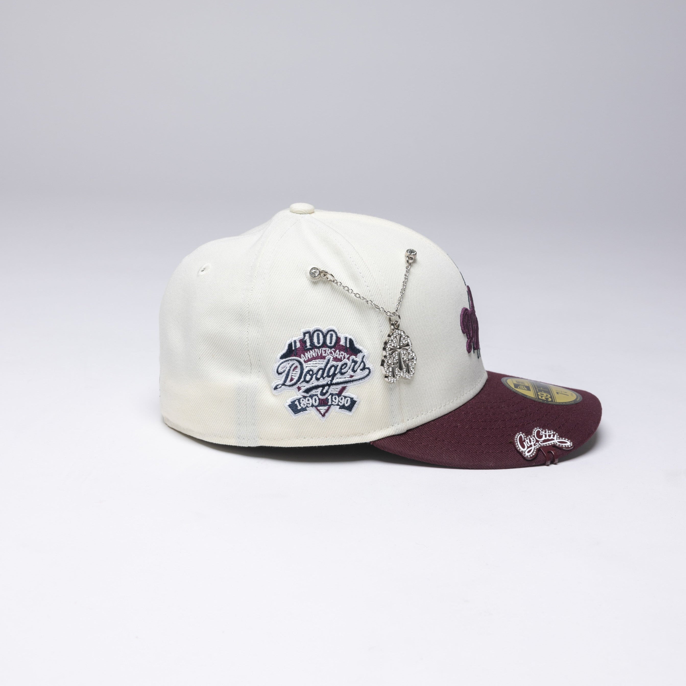 NEW ERA EXCLUSIVE 59FIFTY CHROME/ BURGUNDY LOS ANGELES DODGERS W/ 100TH ANNIVERSARY SIDE PATCH