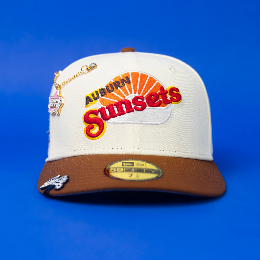NEW ERA EXCLUSIVE 59FIFTY CHROME/ WALNUT AUBURN SUNSETS W/ HOMETOWN COLLECTION SIDE PATCH