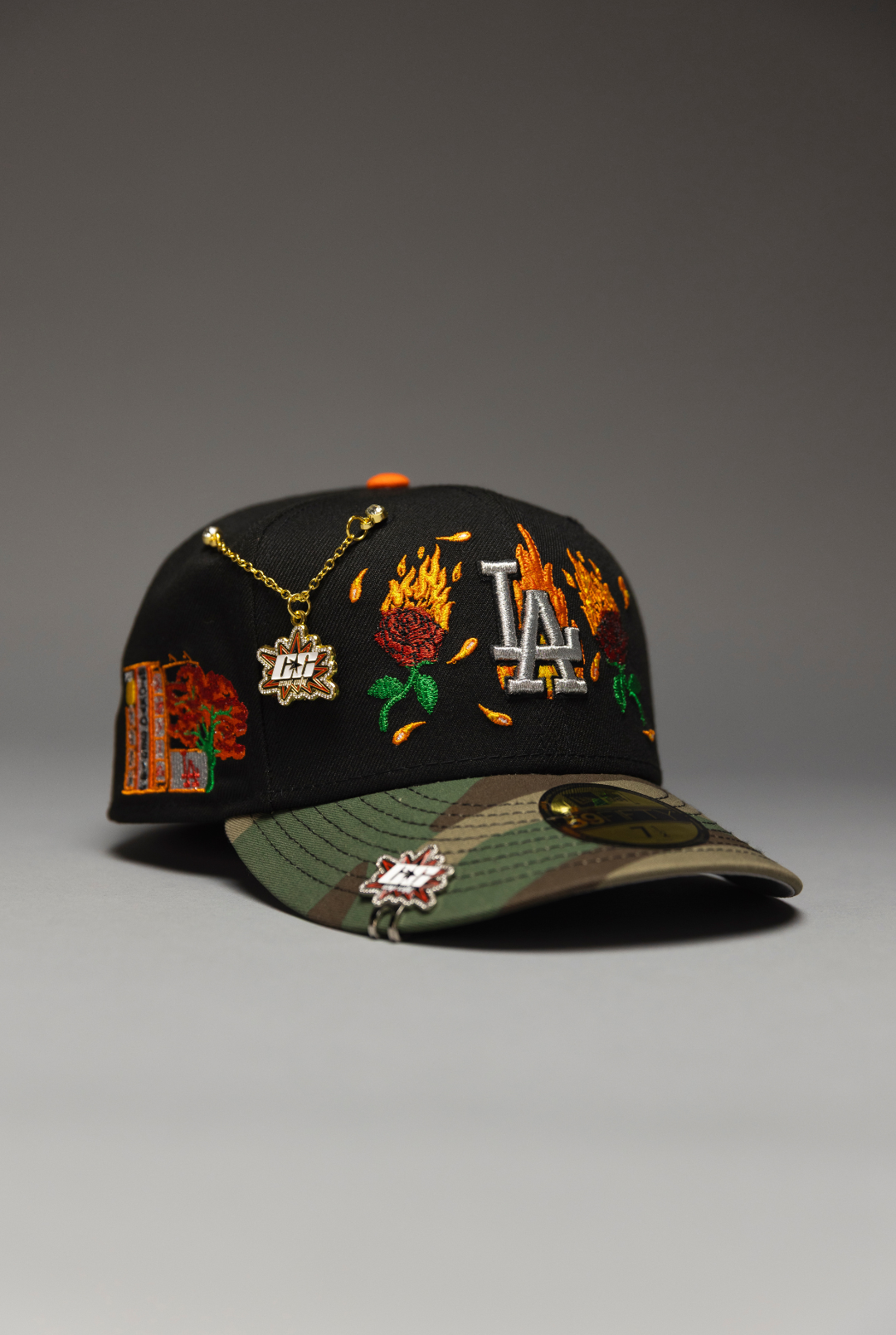 NEW ERA EXCLUSIVE 59FIFTY BLACK/CAMO LOS ANGELES DODGERS W/ BURNT ROSES + TOKYO SERIES SIDE PATCH