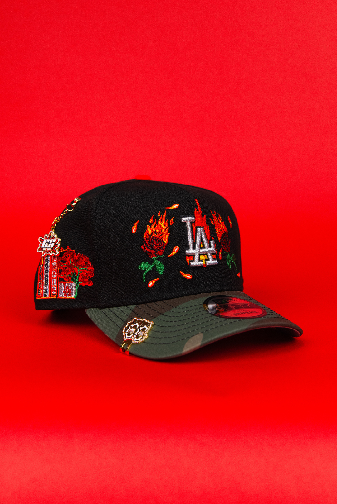 NEW ERA 9FIFTY A-FRAME BLACK/ CAMO LOS ANGELES DODGERS SNAPBACK W/ ROSES + TOKYO SERIES SIDE PATCH