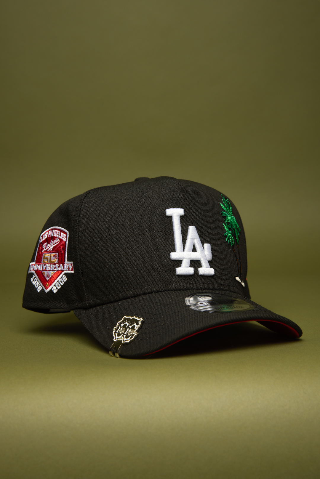 NEW ERA 9FIFTY A-FRAME BLACK LOS ANGELES DODGERS SNAPBACK W/ PALM TREES + 50TH ANNIVERSARY SIDE PATCH