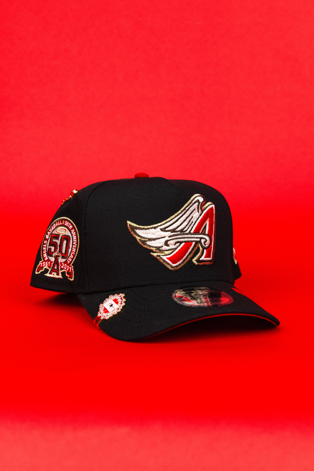 NEW ERA 9FIFTY A-FRAME BLACK ANAHEIM ANGELS SNAPBACK W/ 50TH ANNIVERSARY SIDE PATCH