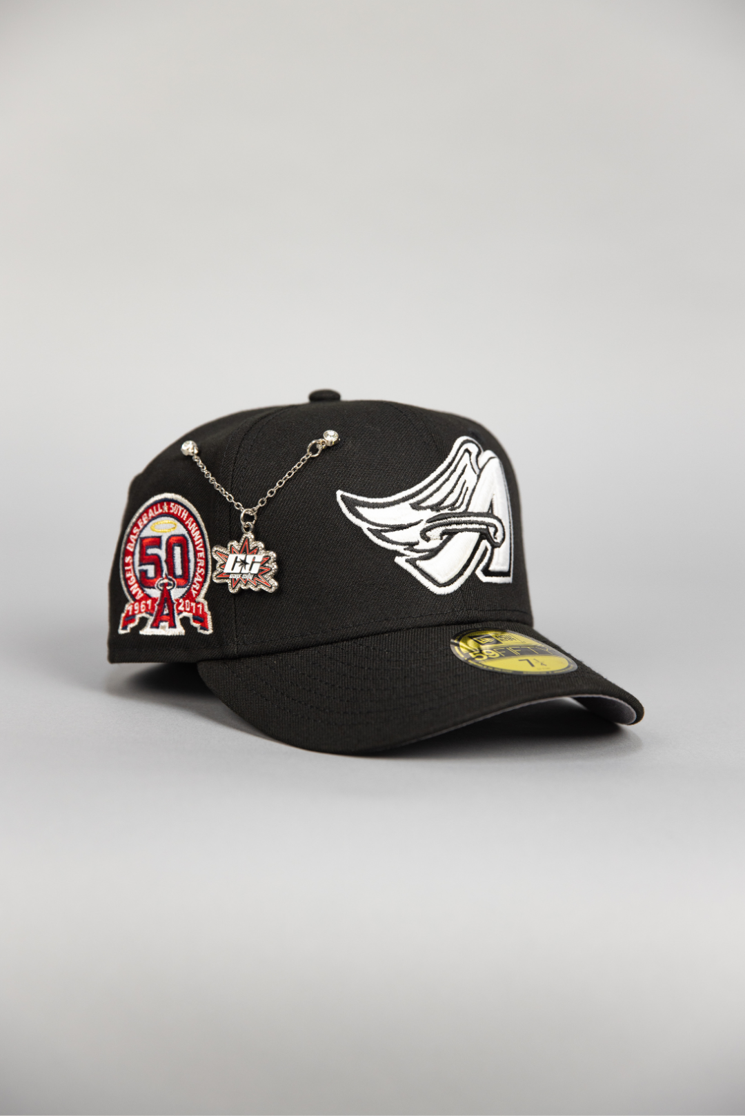 NEW ERA EXCLUSIVE 59FIFTY BLACK ANAHEIM ANGELS W/ 50TH ANNIVERSARY SIDE PATCH