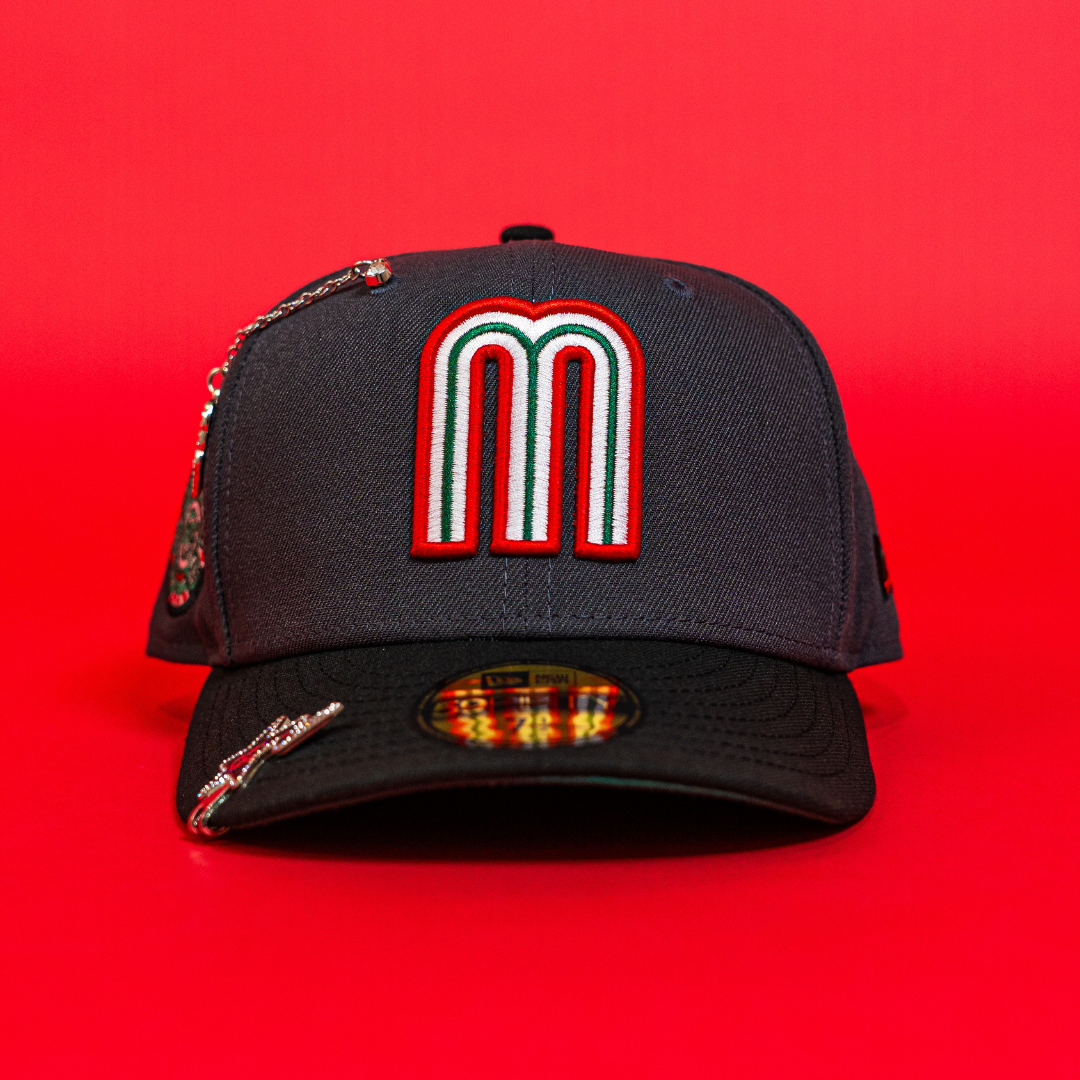 NEW ERA EXCLUSIVE 59FIFTY DARK GREY/ BLACK MEXICO 2025 WORLD BASEBALL CLASSIC W/ AZTEC CALENDER SIDE PATCH