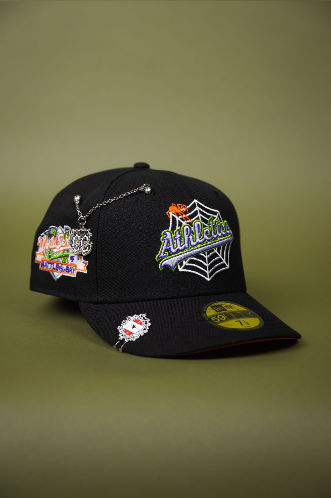 NEW ERA EXCLUSIVE 59FIFTY BLACK OAKLAND ATHLETICS W/ SPIDER WEB LOGO + BATTLE OF THE BAY SIDE PATCH