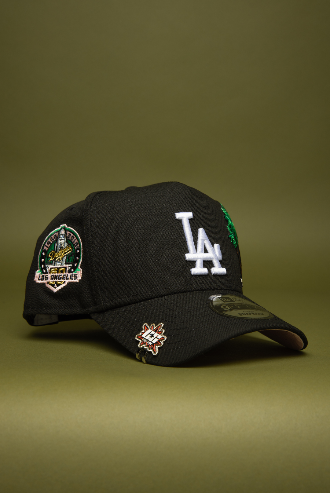 NEW ERA 9FIFTY A-FRAME BLACK LOS ANGELES DODGERS SNAPBACK W/ PALM TREES + 60TH ANNIVERSARY SIDE PATCH