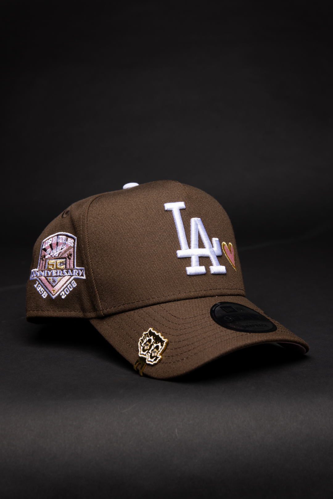 NEW ERA 9FIFTY A-FRAME BROWN LOS ANGELES DODGERS SNAPBACK W/ PINK HEART + 50TH ANNIVERSARY SIDE PATCH