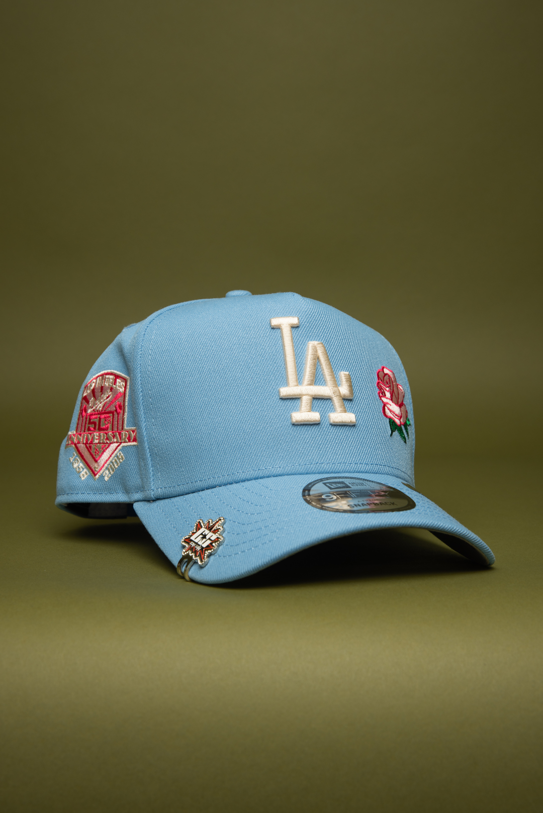 NEW ERA 9FIFTY A-FRAME ICY BLUE LOS ANGELES DODGERS SNAPBACK W/ PINK ROSE + 50TH ANNIVERSARY SIDE PATCH