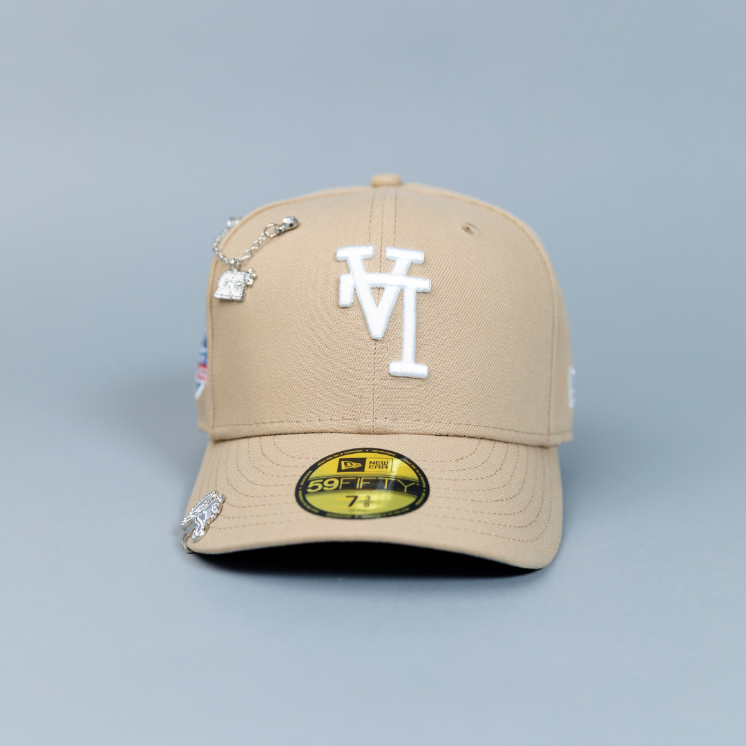 NEW ERA EXCLUSIVE 59FIFTY LIGHT KHAKI UPSIDE DOWN LOS ANGELES DODGERS W/ 60TH ANNIVERSARY SIDE PATCH