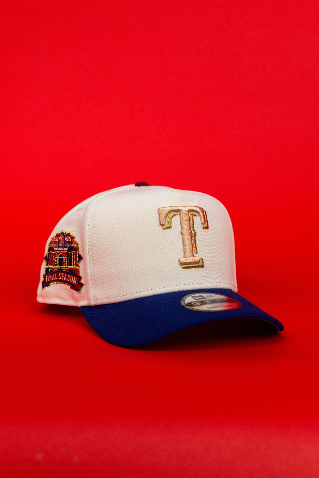 NEW ERA 9FIFTY A-FRAME CHROME/ BLUE TEXAS RANGERS SNAPBACK W/ FINAL SEASON SIDE PATCH