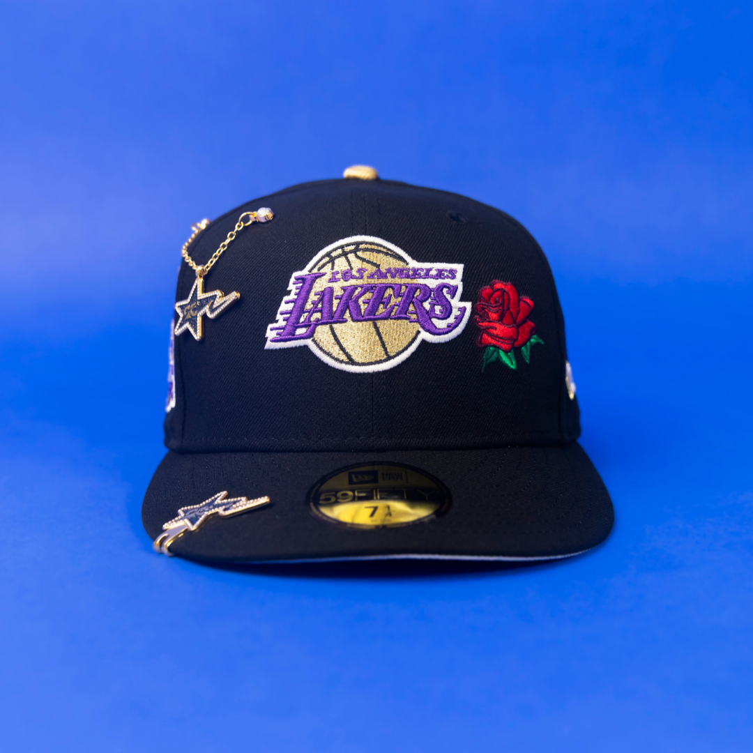NEW ERA EXCLUSIVE 59FIFTY BLACK LOS ANGELES LAKERS W/ ROSE + 75TH ANNIVERSARY SIDE PATCH