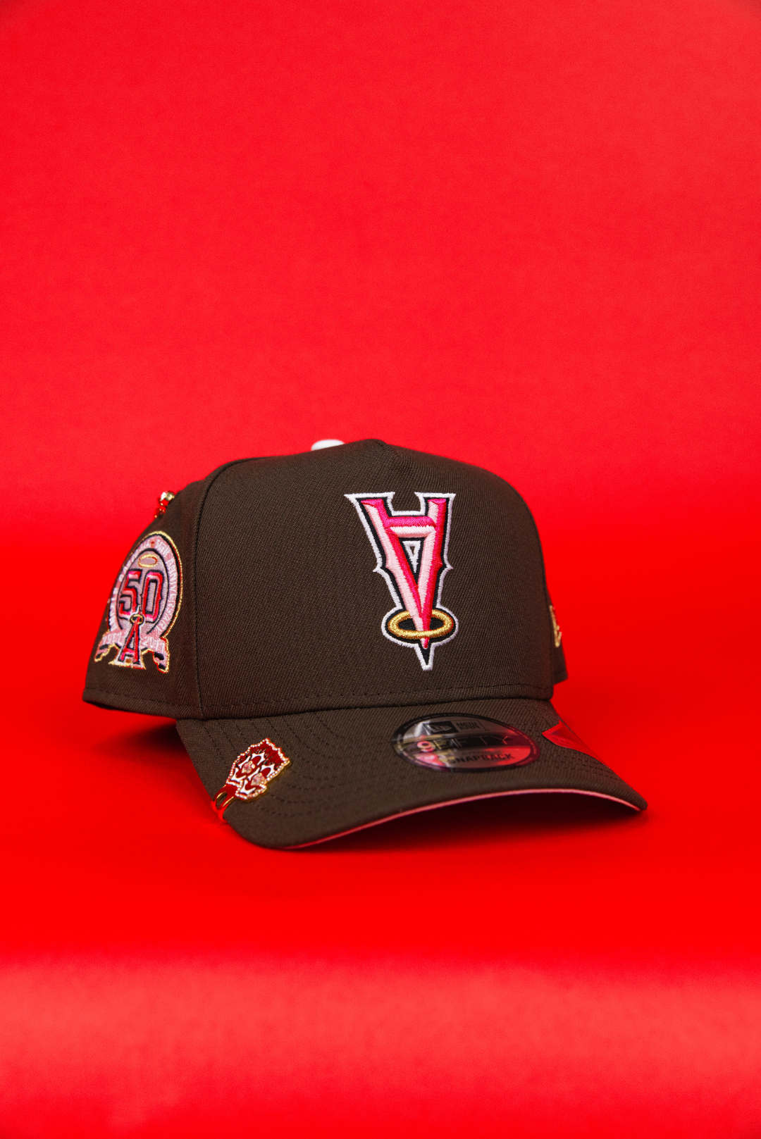 NEW ERA 9FIFTY A-FRAME BROWN UPSIDE DOWN ANAHEIM ANGELS SNAPBACK W/ 50TH ANNIVERSARY SIDE PATCH
