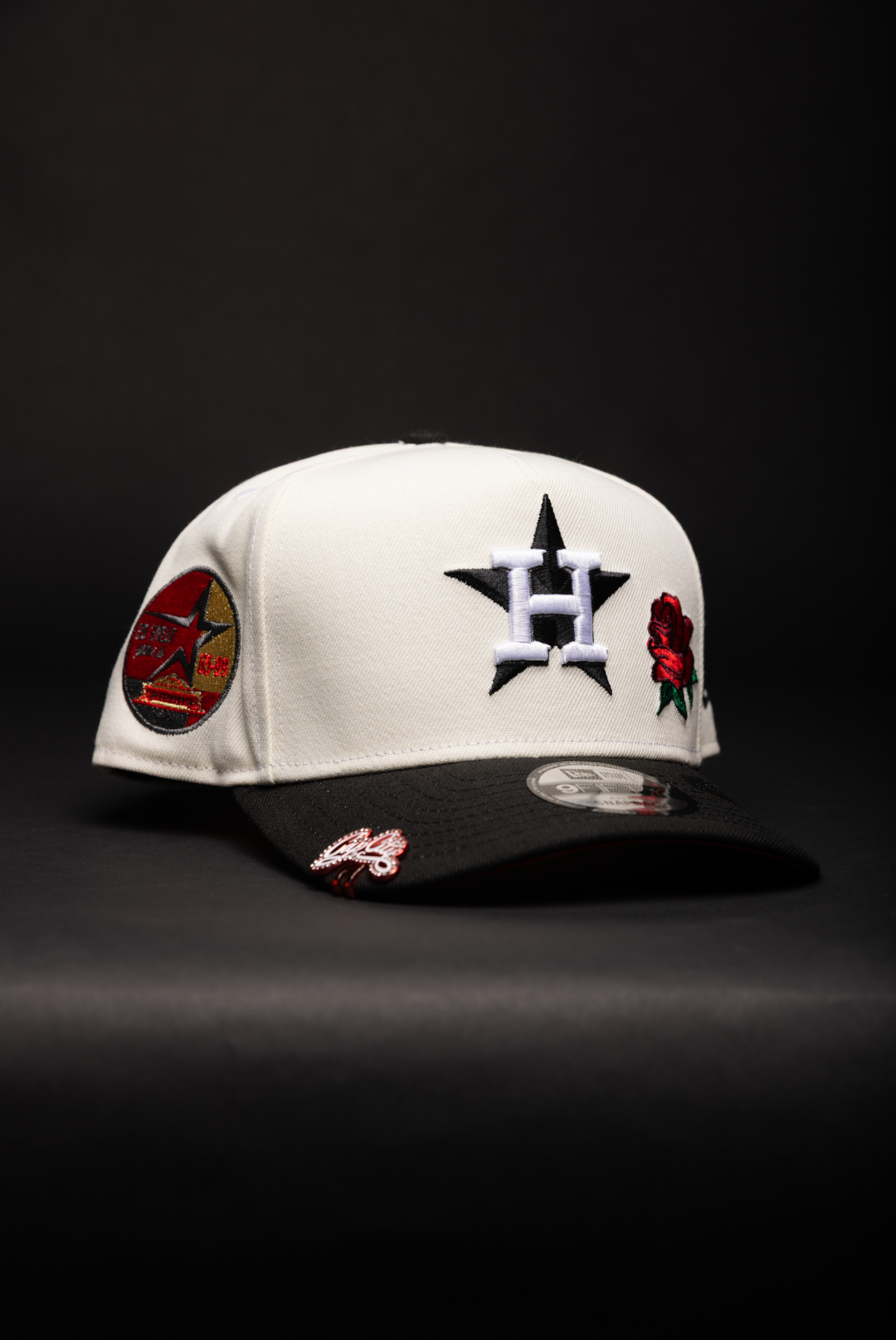 NEW ERA 9FIFTY A-FRAME CHROME/BLACK HOUSTON ASTROS SNAPBACK W/ RED ROSE + "35 GREAT YEARS" SIDE PATCH