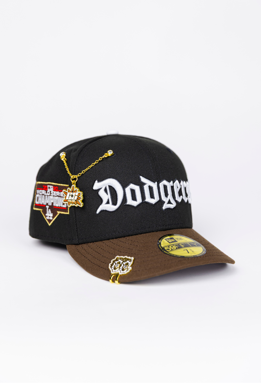 NEW ERA EXCLUSIVE 59FIFTY BLACK/ BROWN LOS ANGELES DODGERS SCRIPT W/ WORLD SERIES CHAMPIONS SIDE PATCH