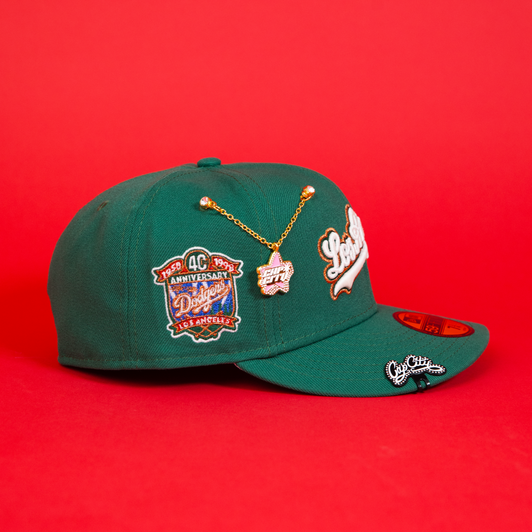 NEW ERA EXCLUSIVE 59FIFTY PINE GREEN LOS ANGELES DODGERS SCRIPT W/ 40TH ANNIVERSARY SIDE PATCH