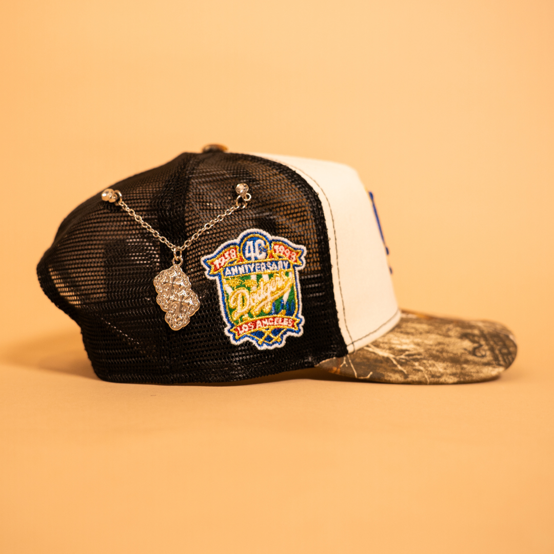 NEW ERA EXCLUSIVE 9FIFTY A-FRAME CHROME/ REALTREE LOS ANGELES DODGERS MESHBACK SNAPBACK W/ 40TH ANNIVERSARY SIDE PATCH