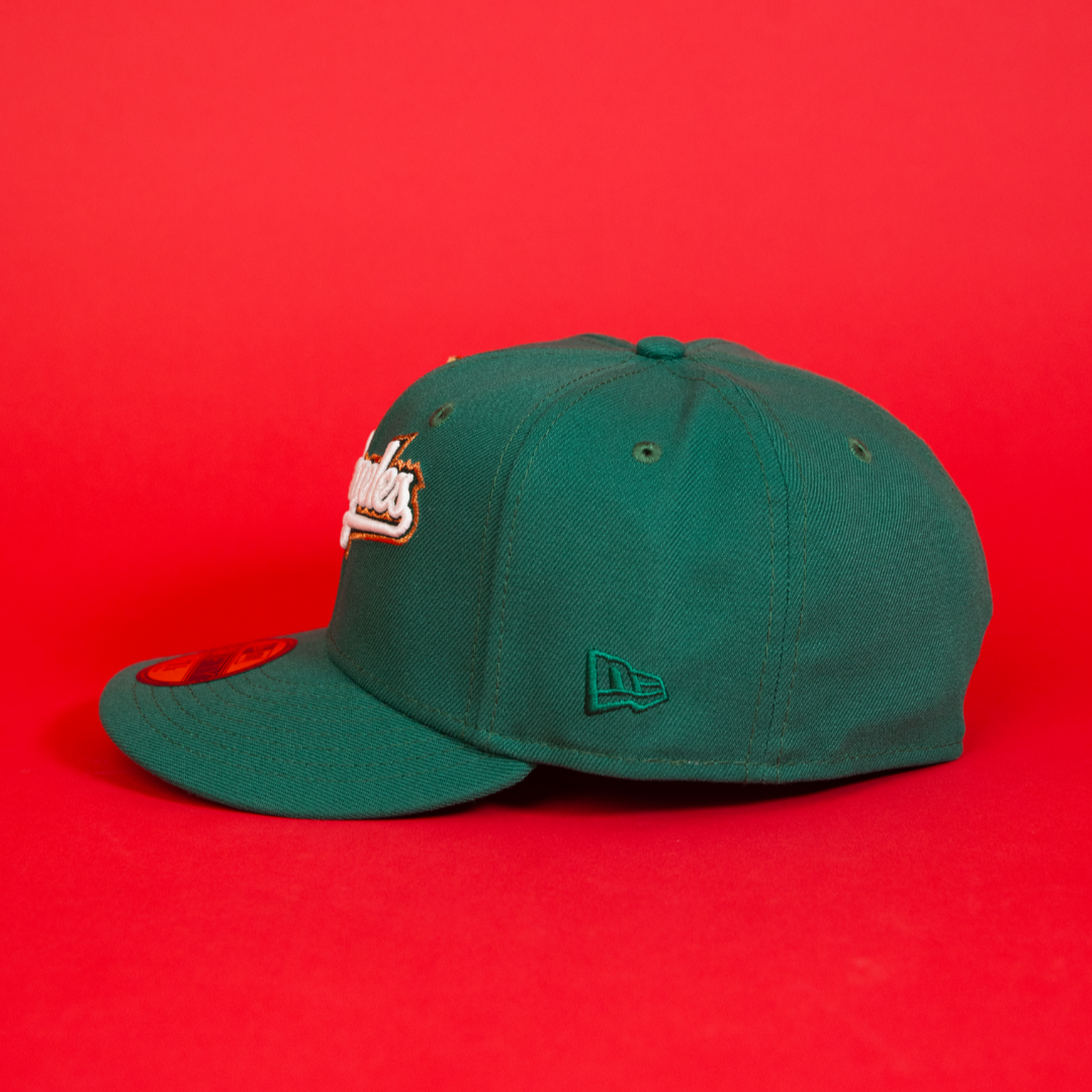 NEW ERA EXCLUSIVE 59FIFTY PINE GREEN LOS ANGELES DODGERS SCRIPT W/ 40TH ANNIVERSARY SIDE PATCH